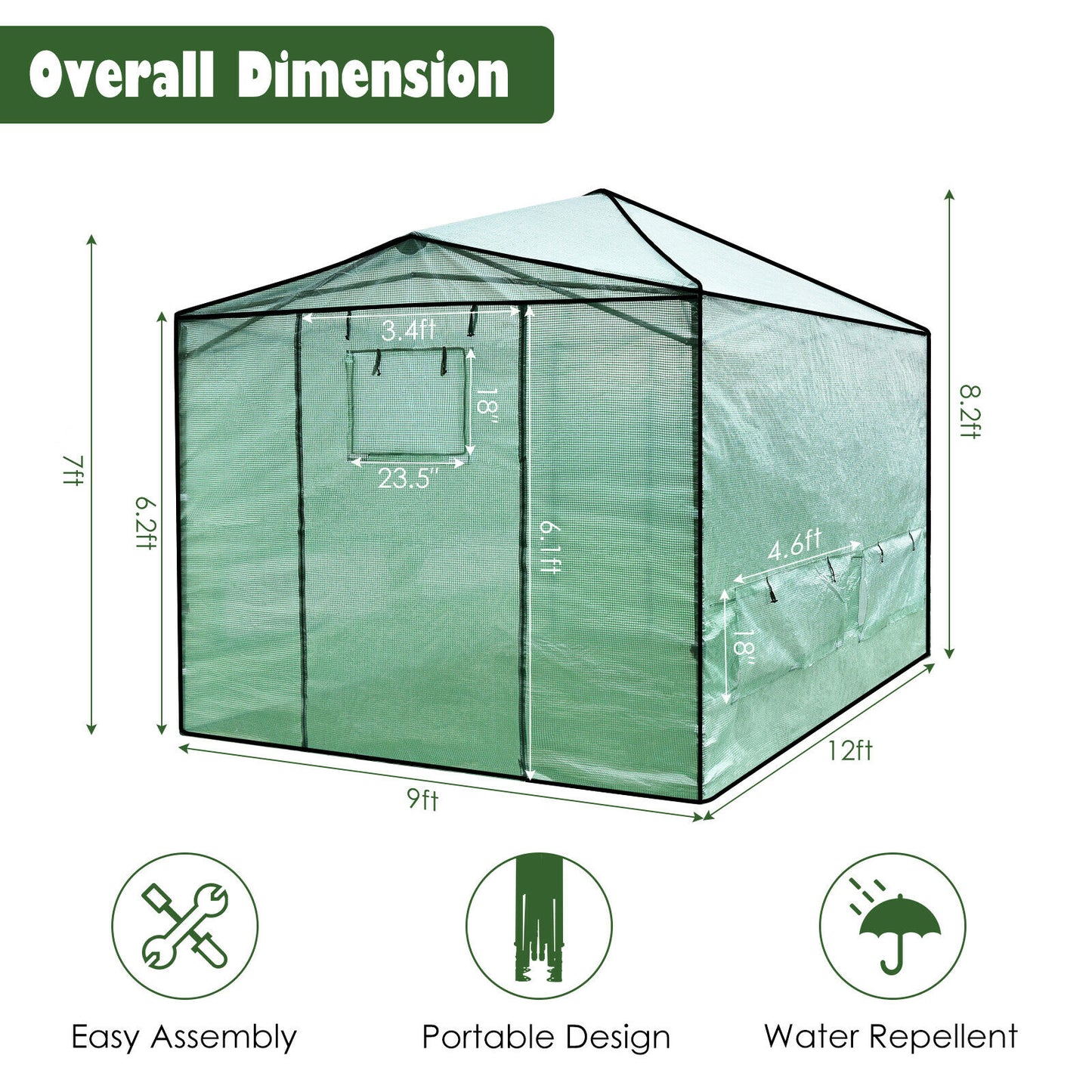 Costway 9'x 12' Portable Walk-in Greenhouse with Window